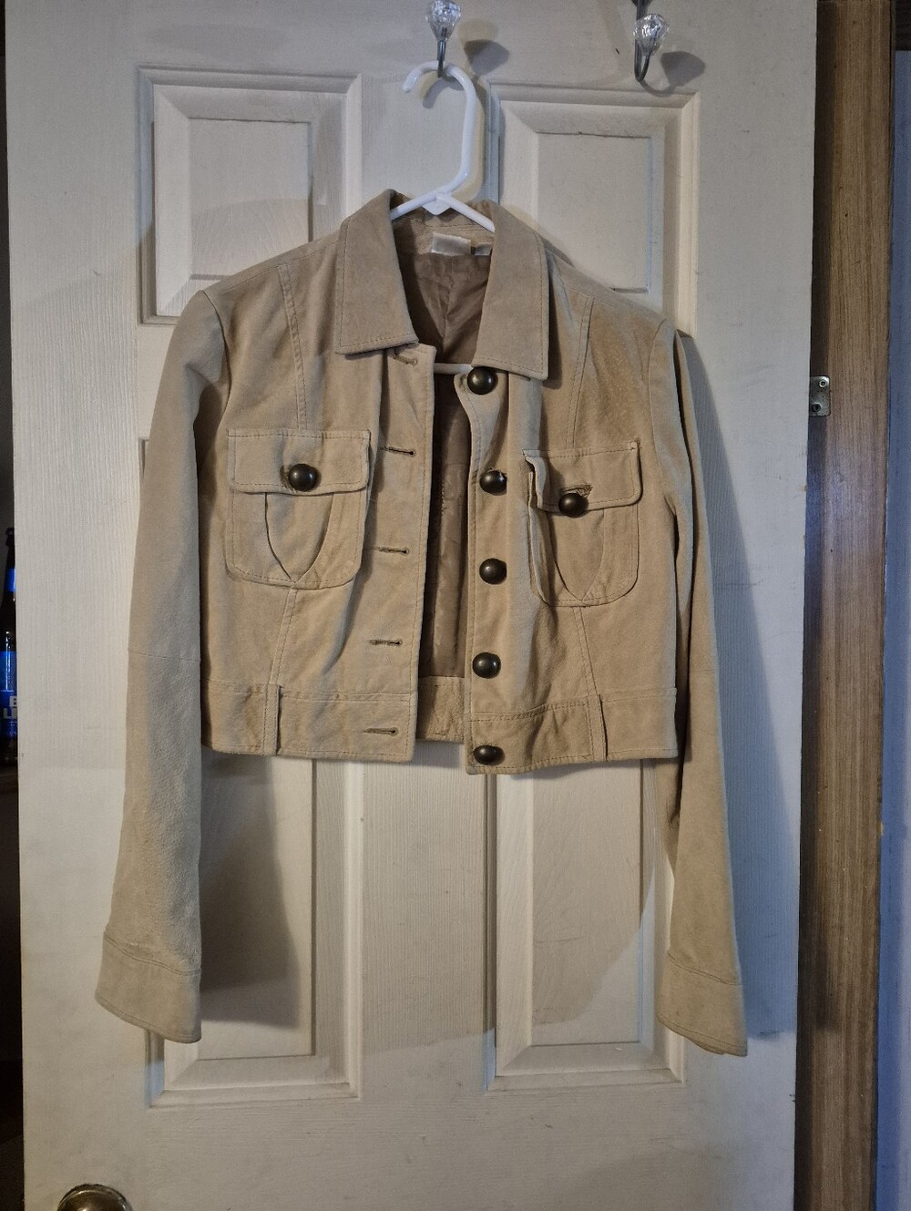Beige Cropped Suede Jacket with Button Front